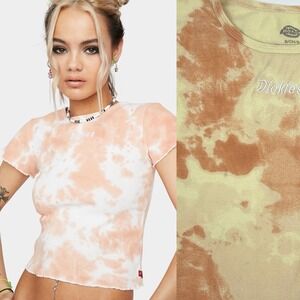 Dickies Girl Tie Dye Baby Tee Orange‎ Cream Lettuce Edge Ribbed Crop Top S